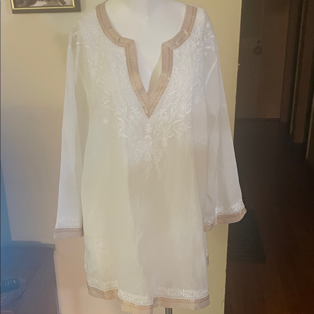 Ralph Lauren Linen V-Neck Elegant White Embroidered and Trimmed in Gold Top